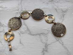 Vintage Sterling Silver 925 Aztec Mayan Calendar Link Bracelet 7.5 inch.