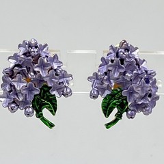 Vintage Lilac Flower Jewelry Set Brooch Clip On Earrings Purple Enamel