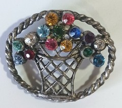 Antique Silver-tone Oval Flower Basket Brooch w/ Multicolor Gemstones, C-clasp