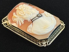 Antique 14K White Gold Shell Cameo Brooch Diamond Filigree Frame 30mm 11.4g
