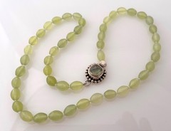 Vintage Green Prehnite Oval Bead Necklace Hand Knotted Sterling Clasp Prehnite