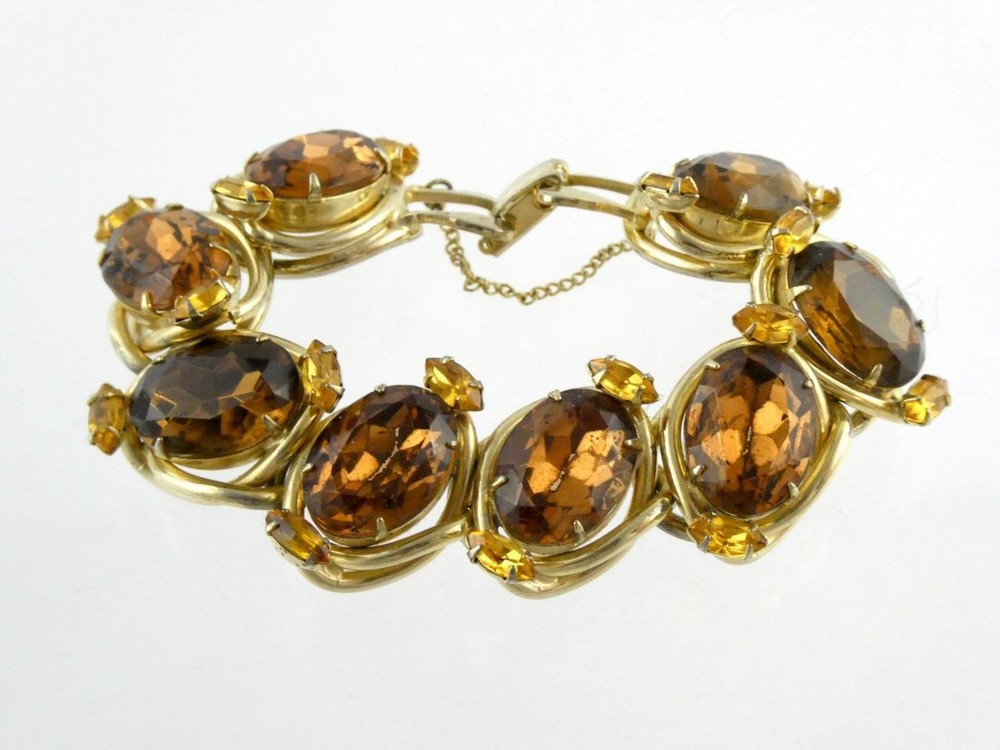 Vintage Costume Goldtone Metal Brown and Yellow Rhinestone Bracelet Unsigned
