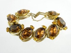 Vintage Costume Goldtone Metal Brown and Yellow Rhinestone Bracelet Unsigned