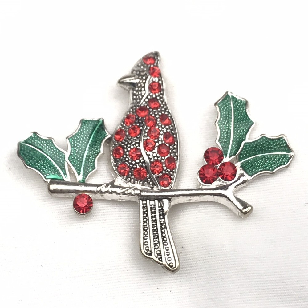 KC Brooch Red Green Enamel Jeweled Vintage Cardinal Holly Christmas Holiday