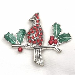 KC Brooch Red Green Enamel Jeweled Vintage Cardinal Holly Christmas Holiday
