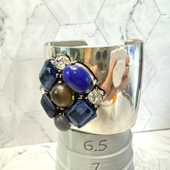 Silver Tone Rhinestone Wide Cuff Bracelet Statement Blue Bezel Cabochon Stones