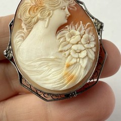 Antique Sterling Silver Carved Shell Victorian Lady Portrait Cameo Brooch Pin
