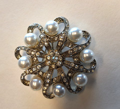 Heavy Faux Pearl Rhinestone Disco Ball Necklace, JCM Brass Earrings, Brooch