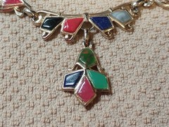 Vintage 1940 Barclay Gold Tone Bib Necklace Clip Earring Set Multicolored Stones