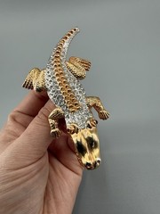 Vintage Gold Tone Alligator Crocodile Brooch Rhinestone Red Eyes Pin Open Mouth