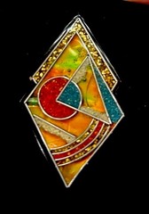 Vtg 1960s Art Deco Multicolor 3D Brooch Inlaid Crushed Turquoise Coral & Abalone