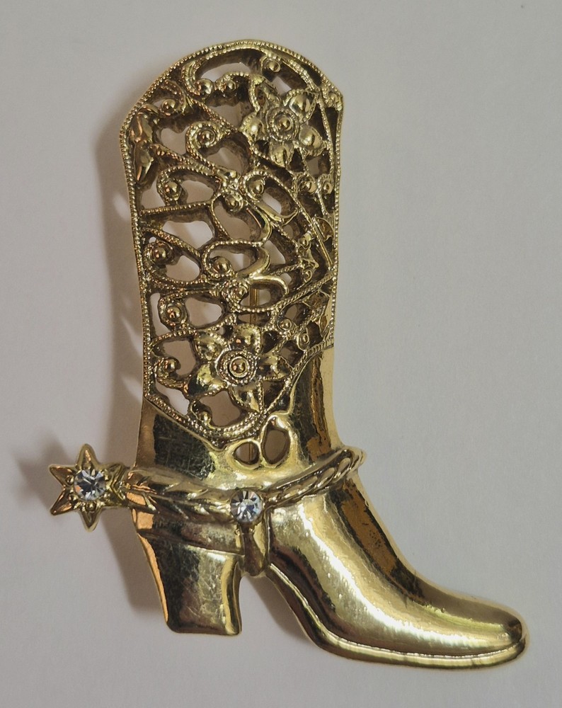 Vintage 1928 Brand Boot Brooch Pin Gold Tone Rhinestone Cowgirl Western
