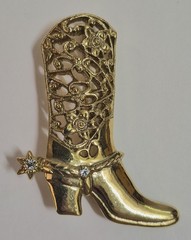 Vintage 1928 Brand Boot Brooch Pin Gold Tone Rhinestone Cowgirl Western