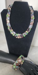 JTV Jewel Tone Rhinestone Statement Bib Necklace and Cuff Bracelet