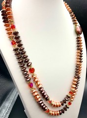 1950s-1960s Double-Strand Beaded Necklace Japan Box Clasp Peach Coral Burgundy