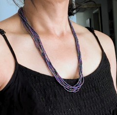 Natural Nepal Glass Seed Bead Multi Strand Necklace. Iridescent Peacock Blue 22″