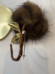 Mink Fur Flower Brooch Pin Faux Pearl Gold Leaf Accent Mid-Century Vintage Box