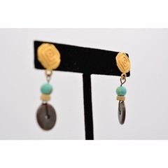 Vintage Dangle Earrings Turquoise Blue Beaded Brushed Gold Matte 1980s BinAZ