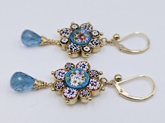 Micro Mosaic Earrings London Blue Topaz Antique Italy 14K Gold Filled
