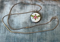 Vintage German Guilloche Enamel Rose Locket Pendant 925 Silver Chain 20”