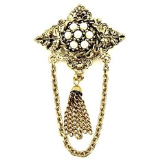 Vtg Goldtone Brooch Pin Victorian Style Faux Pearl Dangling Charm Chain Q