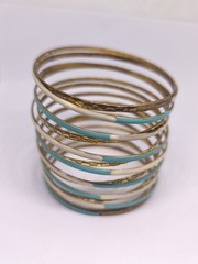 Vintage Copper Brass Bangle Bracelet Set Turquoise White Enamel Stackable Boho