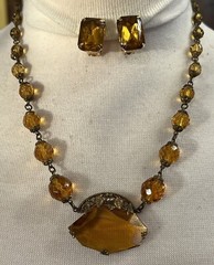 Vintage Czech Large Topaz Amber Faceted Crystal Bead Necklace Clip Earrings Set