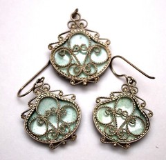 Vintage Unique Russian Enamel Hand Painted Jewelry Set Earrings and Pendant #19a