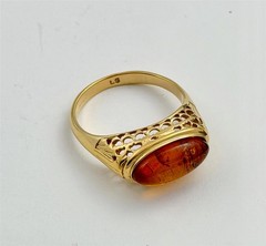 Vintage Amber Cabochon Filigree Gold Tone Ring Size 8.75