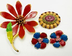 Lot VTG Red Mod Enamel Flower Brooch, Red Blue Earrings & Liz Claiborne Brooch