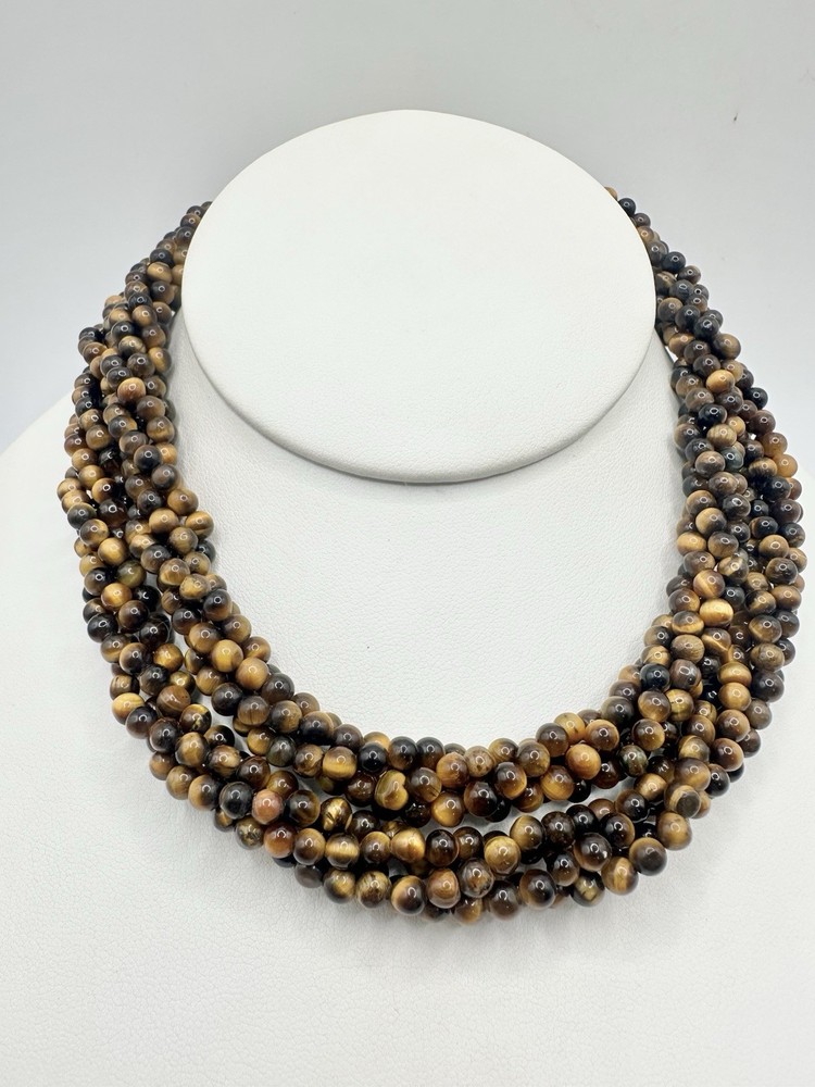 VTG 29In 4 Strand Tigers Eye Bead Necklace Caviar Gold Tone Fish Hook Clasp Read