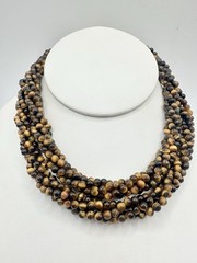 VTG 29In 4 Strand Tigers Eye Bead Necklace Caviar Gold Tone Fish Hook Clasp Read