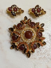 Juliana delizza pearl/rhinestone Brooch Earrings Set citrine Beautiful
