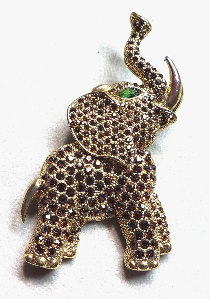 Happy ELEPHANT vintage Orang/brown Rhinestone Pin 3″(75mm)