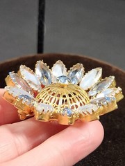 Vintage icy blue and givre navette gold tone filigree 3D flower brooch