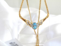 14K Gold on Sterling Silver 925 Natural Heated Blue Topaz Diamond Necklace 18″