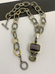 Vintage Silver and Gold Tone Cable Chunky Chain Necklace w/ Purple Stone Pendant