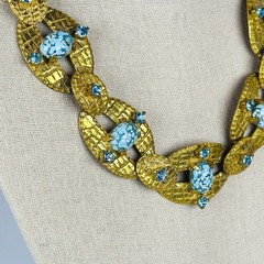 Vintage Czech Brass Blue Confetti Soapstone Cabochon Art Deco Revival Necklace