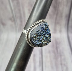 Large Vintage 925 Sterling Silver Blue Gold Druzy Ring Size 8.5 Estate Jewelry