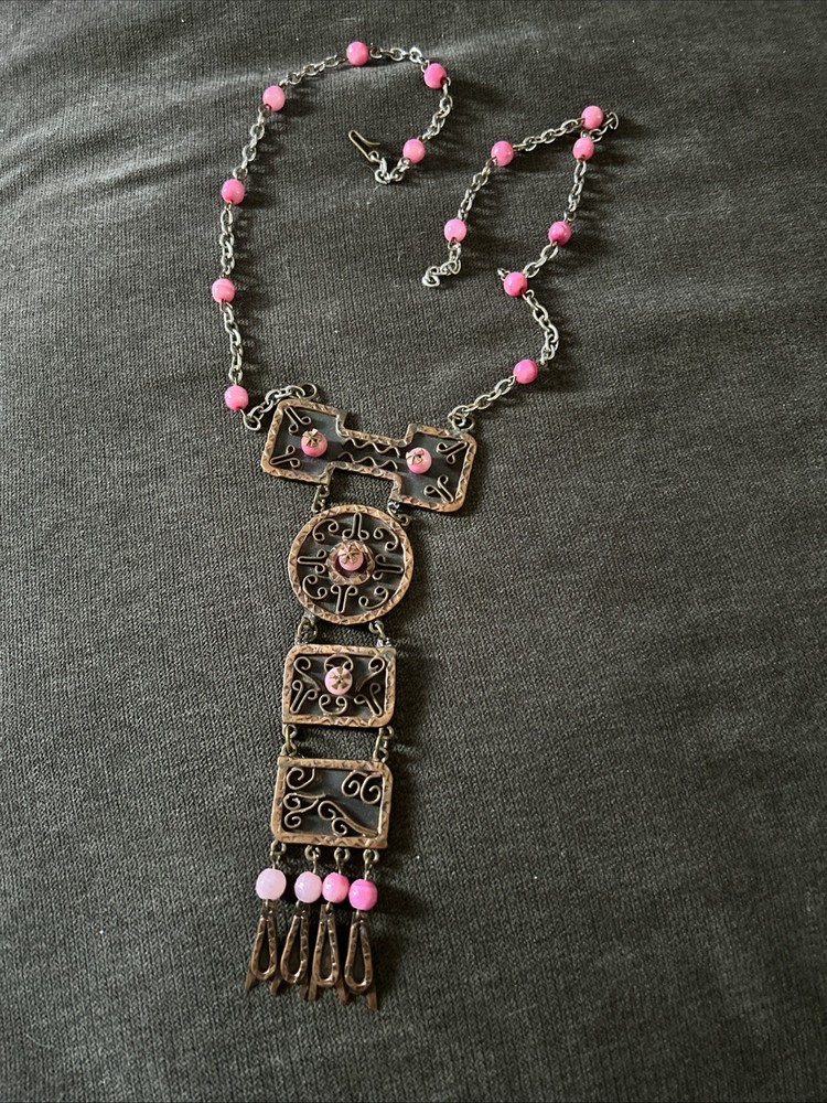 Vintage Casa Maya Mexico Necklace Copper Brass Pink Color Beads —