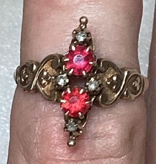 Antique Edwardian Rose Gold Ring 2 Red Zircons, 4 Diamonds Size 6.5