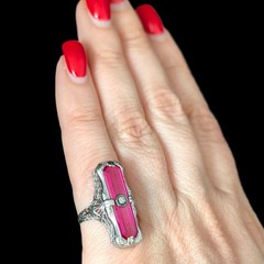 1920s Art Deco Diamond Lab Created Ruby 14 White Gold Cocktail Ring Antique
