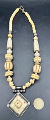 Vintage Tibetan-Style Hand-Carved Bone & Tribal Silver Pendant 21″