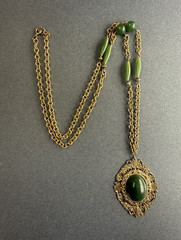 Vintage Green Lucite Faux Jade Filigree Pendant Long Brass Chain Bead Necklace