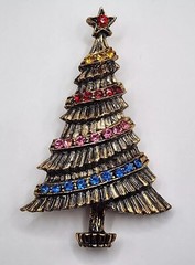 Vintage B.J. Christmas Tree Brooch Rhinestone Signed