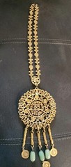 Vintage Signed Goldette Gold Tone Asian Dangles Statment Faux Jade Necklace