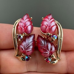 Vintage Rhinestone Flower Earrings Magenta Pink AB Crystal Leaf Climber Signed