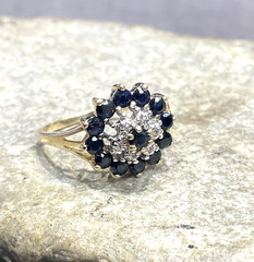 Vintage 14k Yellow Gold Sapphire & Diamond Cluster Halo Ladies Ring