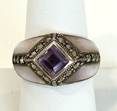 Vintage Estate Sterling Silver Amethyst Marcasite Mother of Pearl Ring size 8.5