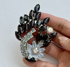 D&E Vintage Flower Corsage Ice Blue & Onyx Navette Brooch Pin & Clip-on Earrings